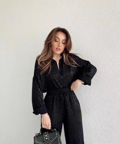 2024 Autumn White Satin Wide Leg Trousers Suit For Women Office Leopard Print Two-Piece Set Home Tracksuit Female Pajamas Sets.