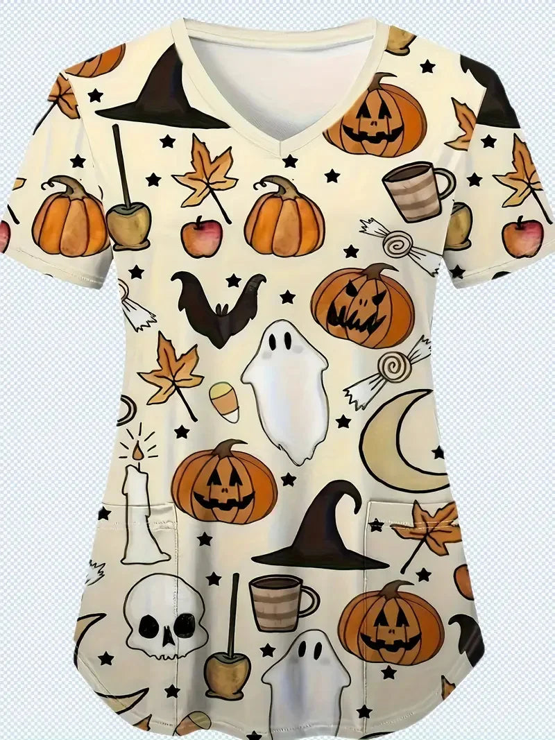 Halloween Surgical Uniforms Woman Cartoon Print Fashions Nurse Casual V-Neck Short Sleeve Patch Contest Clinical Uniform Woman.