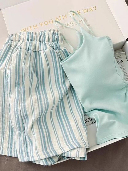 Einfarbiger Pyjama mit Brustpolstern, gestreifte Shorts für Damen, Sommer, dünne Leibchen-Shorts, Loungewear, großer Pyjama, zweiteiliges Set.