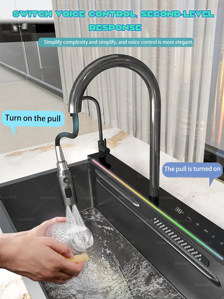 AI voice-controlled Stainless Steel Kitchen Sink With Waterfall  Embossed Large Single Slot Multifunction Dishwashing Sinks