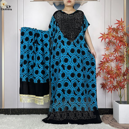 2024 New Muslim Women Dashiki Printed Dress Flower Diamonds Loose Dress With Big Scarf Islamic African Women Short Sleeve Abaya