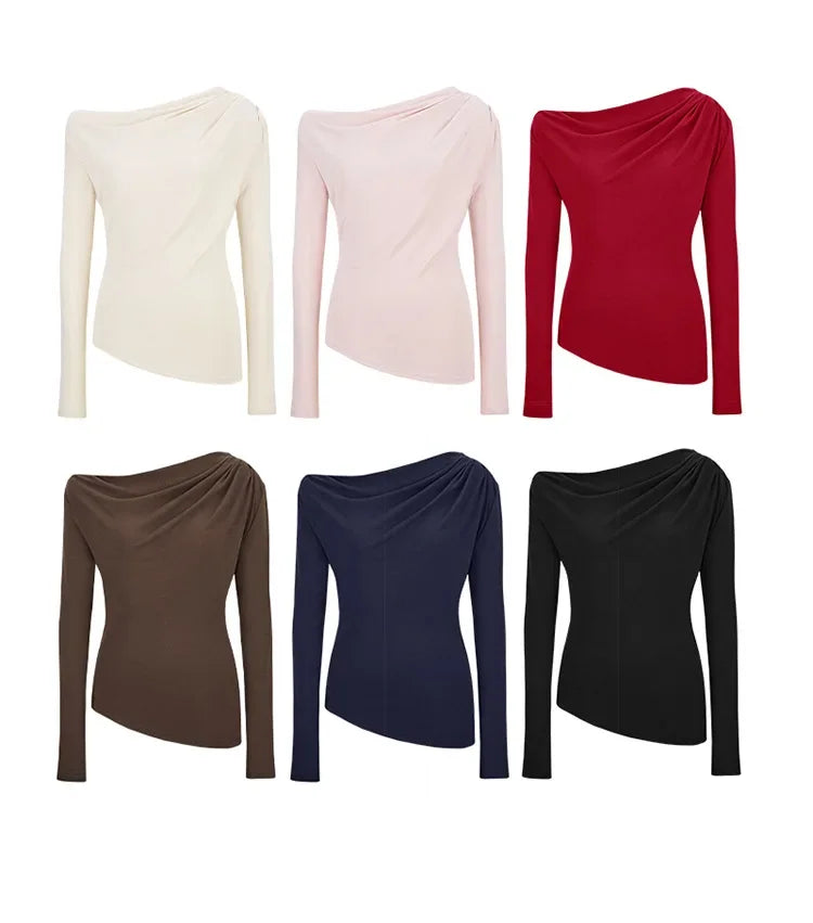 Slim Fit Long Sleeve T-Shirt Shoulder Bared One Shoulder Style Casual Streetwear for Young Women Fashionable And Stylish.