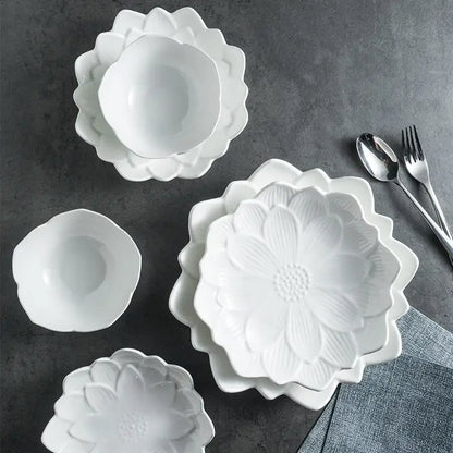 Chinese Lotus-like Ceramic Western Food Dish Household White Fruit Salad Bowl Dessert Plate Creative Restaurant Specialtableware.