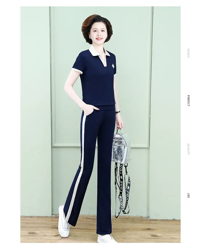 Casual Breathable Short Sleeve Sportswear Set for Middle-Aged Mothers Fashionable Summer Clothing Grandmother Style