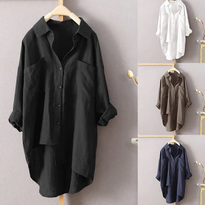 S-5XL Button Up Shirts Women Oversized Summer Autumn Cotton Linen Blouses Fashion White Casual Loose Solid Rollable Sleeve Tops.