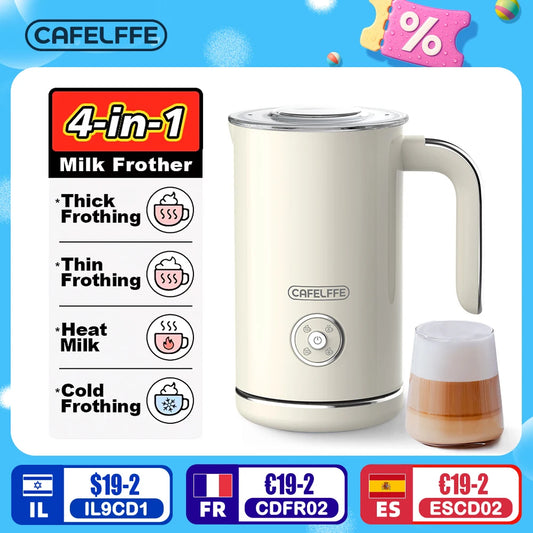 Cafelffe 4in1 Electric Milk Frother Frothing Foamer Chocolate Mixer Cold/Hot Latte Cappuccino Automatic foam milk heater Warmer.