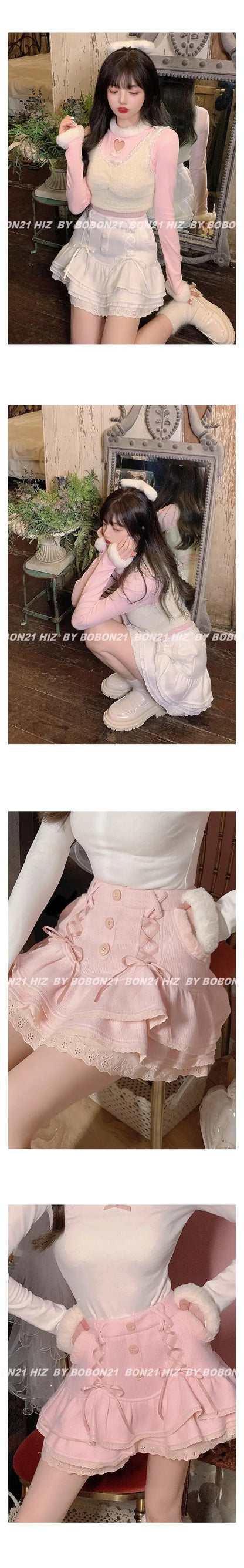 Japanese lolita kawaii clothes pink mini skirt with shorts Lace High Waist korean style women 2025 new fall White skirt fluffy.