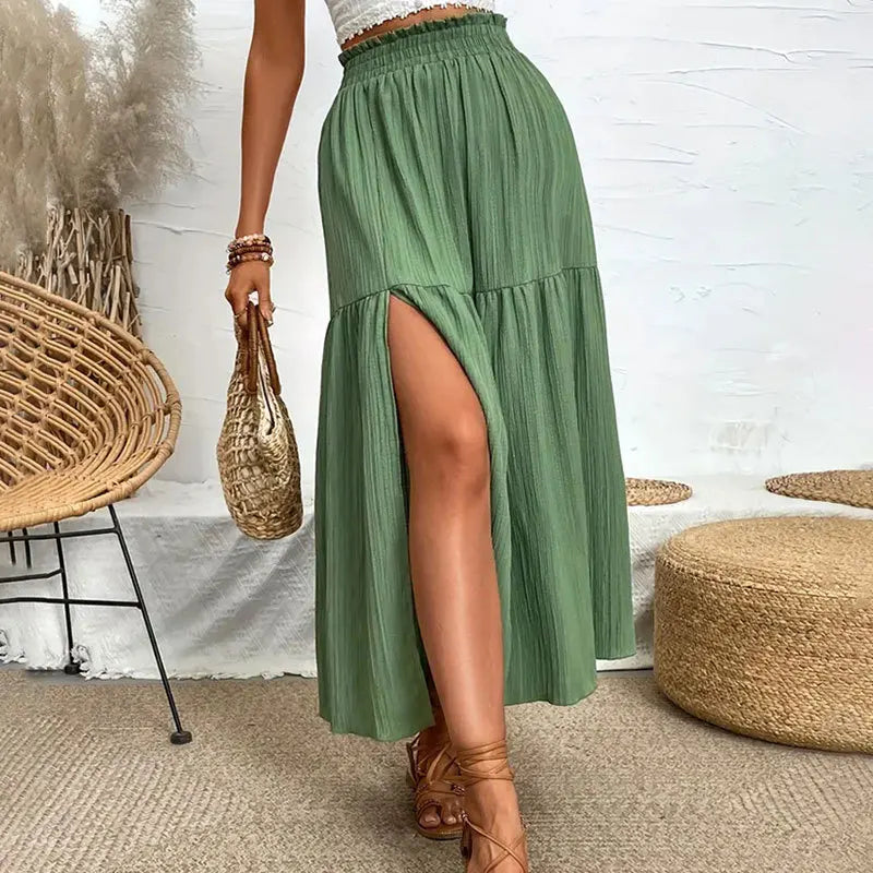 Fairyshely Casual Green Split Long Skirt Women 2025 Summer Ruffle High Waist Midi Skirt Lady Elegant Solid A line Pleated Skirt.