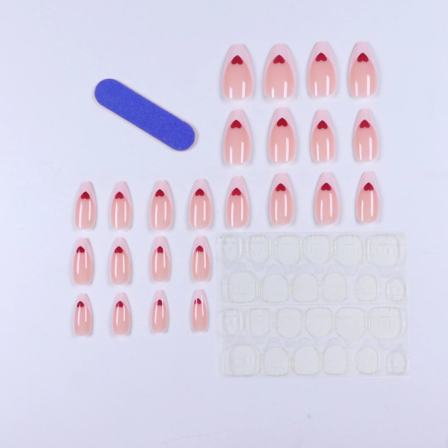 24pcs long Almond hearts pattern Fake nails Detachable And Reusable Jelly Glue 1pc Cuticle Pusher, Suitable For Girls And Women.