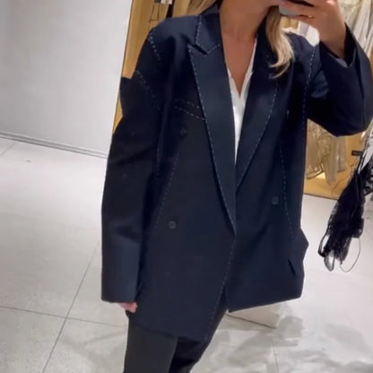 Fashion Line Suit Pants Set Women Lapel Full Sleeve Double Breast Pocket Blazer Straight Trousers 2025 Autumn Winter Lady Outfit.