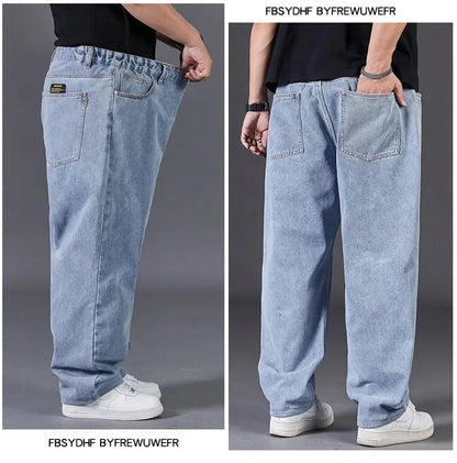 Plus Size Jeans Men's Autumn Loose-Fit Straight-Leg Casual Denim Pants Elastic Waist Wide-Leg Design For Plus Size Men.