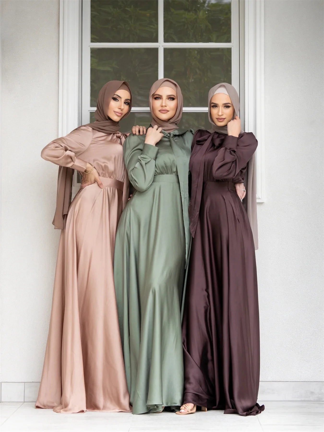 Elegant Satin Dress for Women Muslim Fashion Abaya Hijab Dubai Turkey Evening Dresses Arabic Kaftan Robe Female Islamic Clothing.