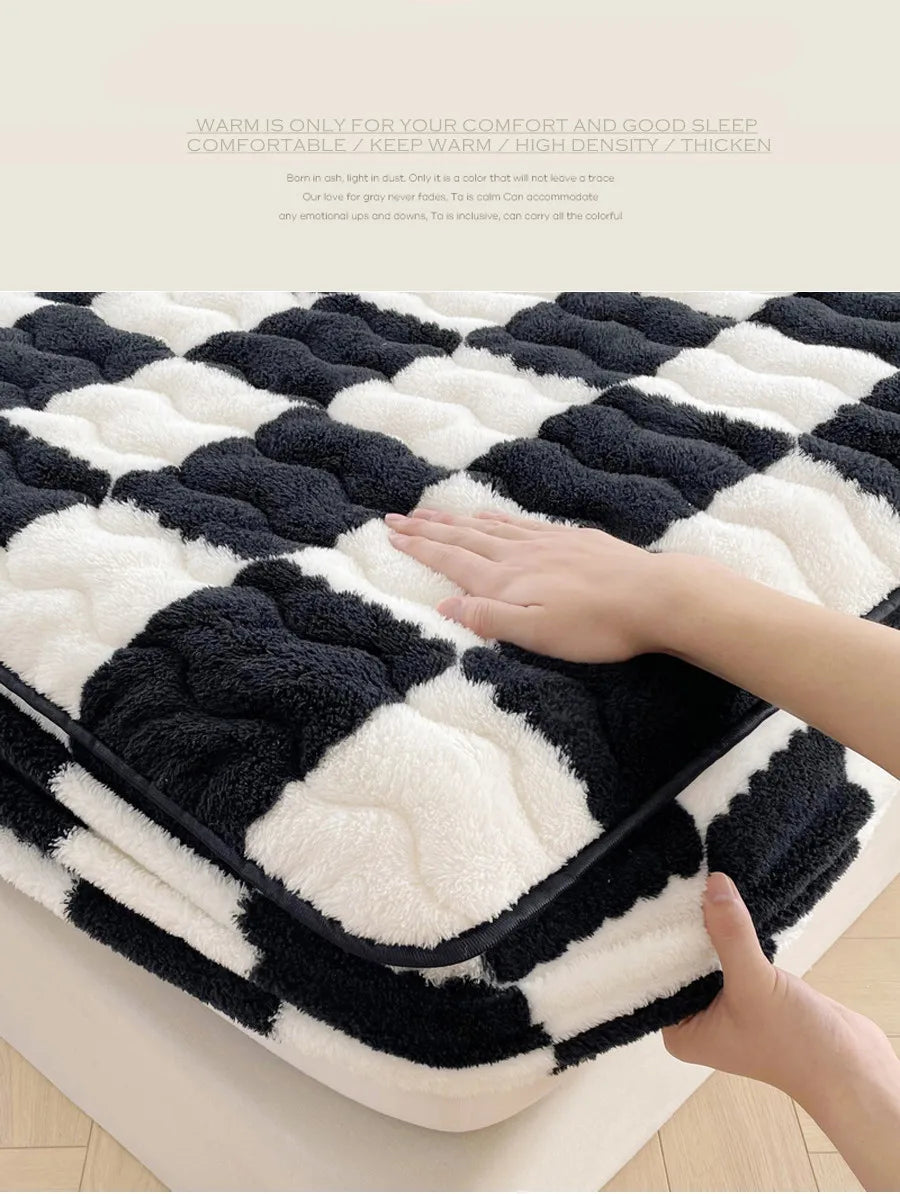 WOSTAR Winter warm coral fleece mattress protector cover fluffy plush plaid print elastic fitted sheet bed protection pad 90x200.