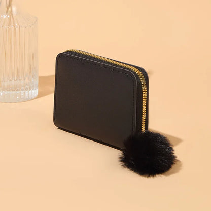 Women Fashion Zipper Wallet with Hairballs Simple Versatile Short Coin Purse Multi-Functional Multi-Card Slot Card Bag.