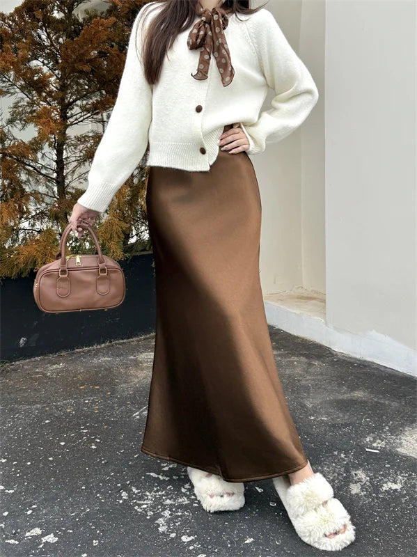 High Waist Women's Fleece-Lined Thickened Elegant Long Skirt Satin Mermaid Skirt Elegant Drapey Bodycon Skirt For Autumn Winter.