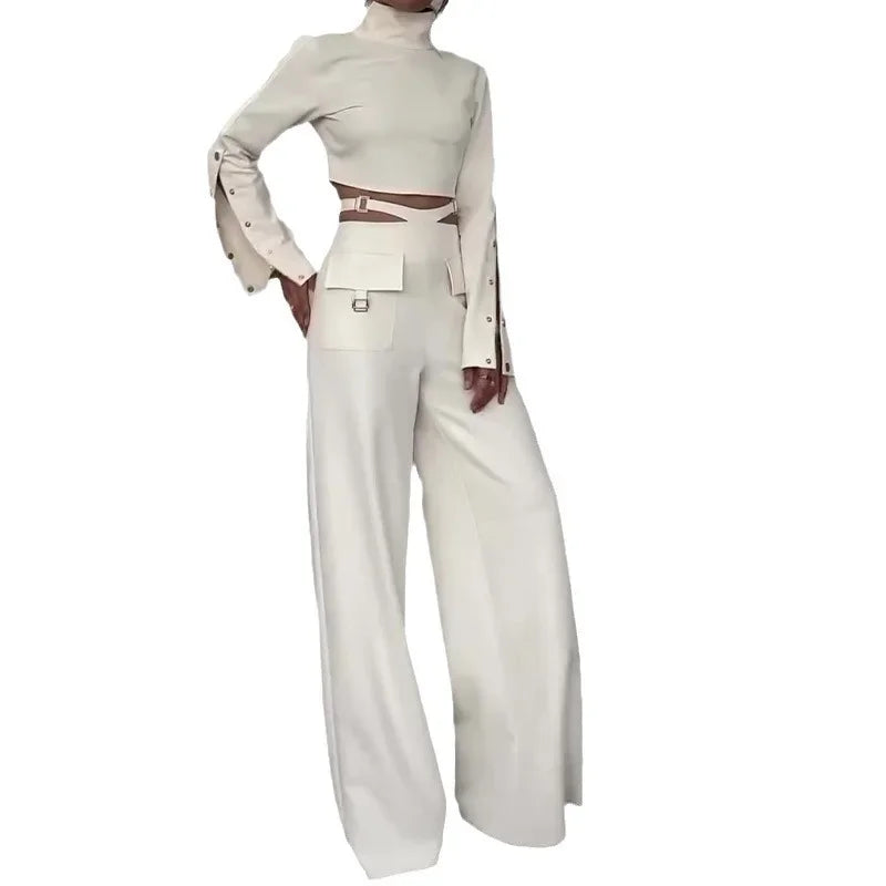 Women Pant Set Work Two Piece Sets Turtleneck Full Sleeve Tops Sexy Wide Leg Long Pants Loose Casual Elegant Matching Sets.