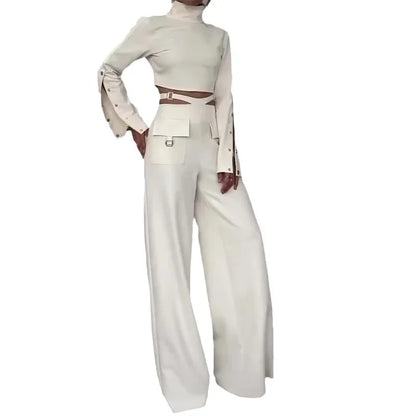 Women Pant Set Work Two Piece Sets Turtleneck Full Sleeve Tops Sexy Wide Leg Long Pants Loose Casual Elegant Matching Sets.