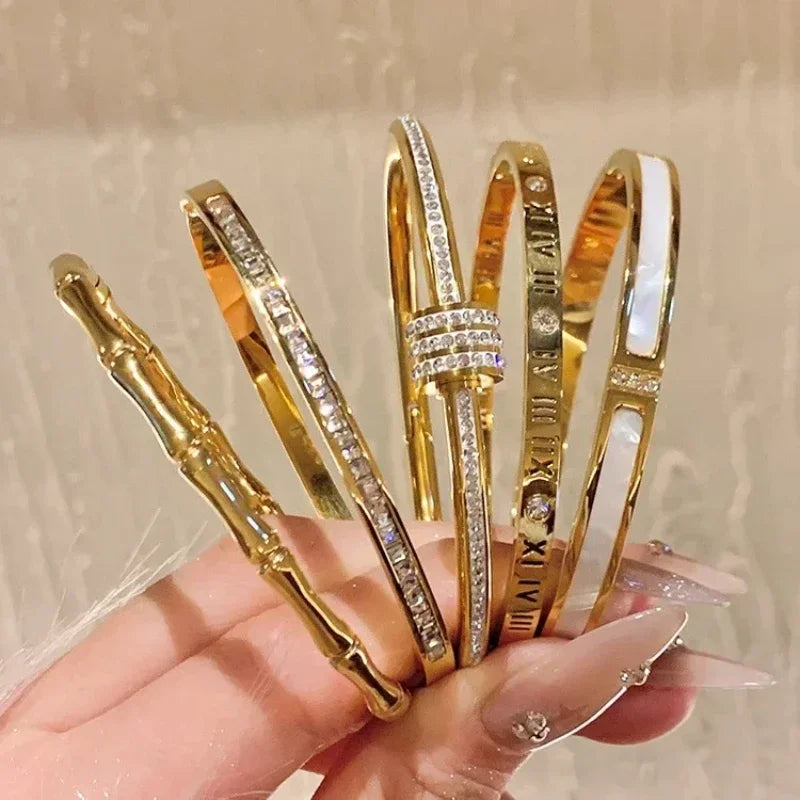 Titanium Steel Gold Silver Color Bangles for Women Girls Trend Waterproof Jewelry Luxury Sparkling Zircon Bracelet Bangle.