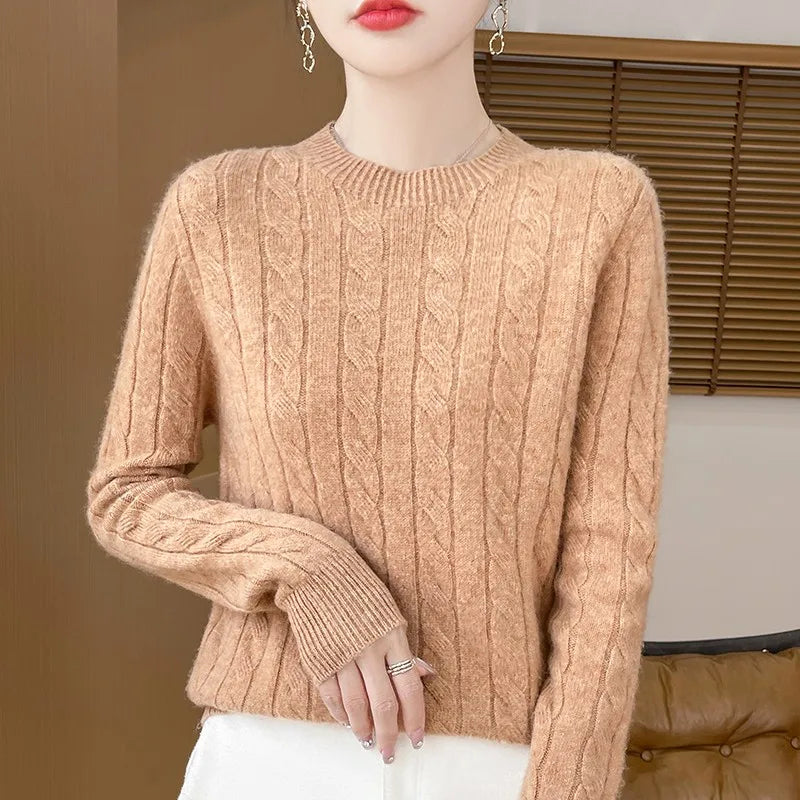 Frauen 100% Merino Wolle Verdickung Pullover Oansatz Gestrickte Twisted Pullover Herbst Winter Kaschmir Langarm Kleidung Basis Tops