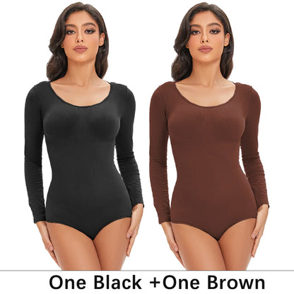 POKARLA Spandex Elastic Body Suit Shapewear Women Body Shaper Tummy Control Long Sleeve Open Crotch Round Neck Seamless Shapers.