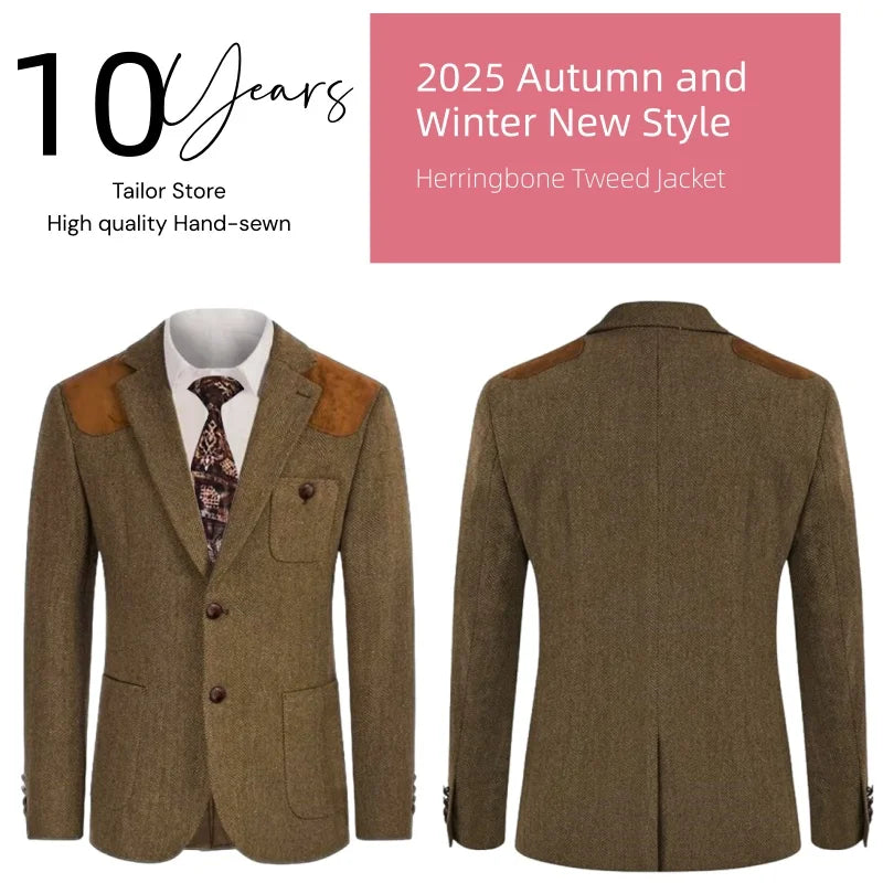 British-style men's suit jacket Houndstooth tweed sports jacket Double-breasted formal jacket    British-Style Men's Suit Jacket.