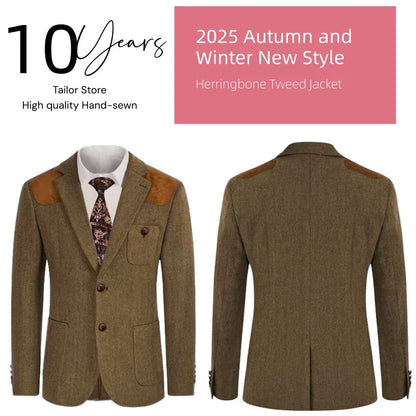 British-style men's suit jacket Houndstooth tweed sports jacket Double-breasted formal jacket    British-Style Men's Suit Jacket.