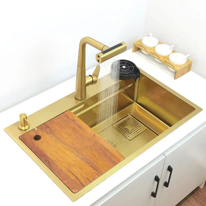 Gold Wasserfall Wasserhahn Küchenspüle Nano Waschbecken 304 Edelstahl Golden Topmount Single Bowl Waschbecken 4-Funktions-Küchenarmatur