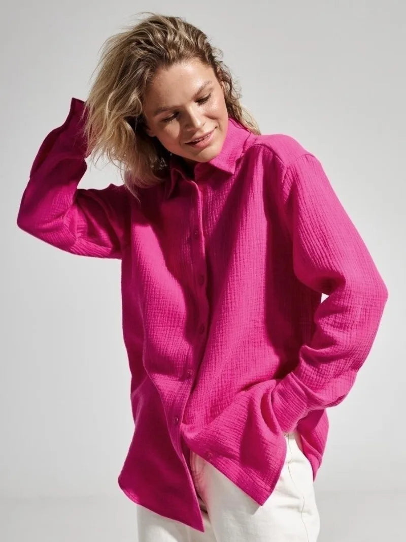 Muslin 100% Cotton Gauze Crepe For Women Shirts Blouse Turn Down Long Sleeve Single-Breasted Office Lady Loose Top Blusas Mujer