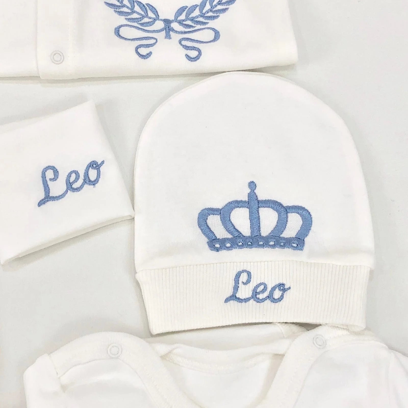 10-teiliges blaues 100 % Baumwollgewebe, gestrickt, Großhandel, individuell gestaltet, Neugeborene, neues Design, Winterkleidung, Kleidung, Luxus-Baby-Strampler-Set.