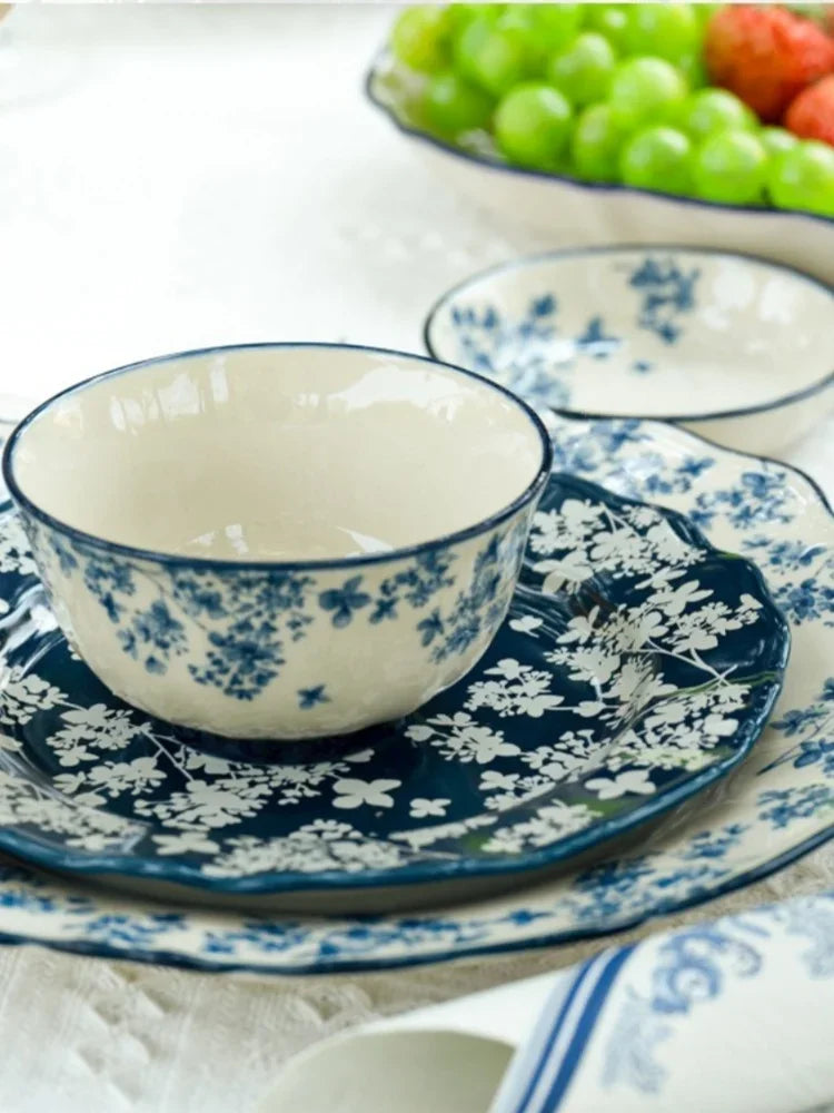 Chinese Style Ceramic Bowls Plates Retro Tableware Ramen Bowl Steak Dish Dessert Salad Plate Party Household Dinnerware Decor.