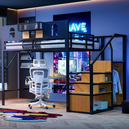 Hochbett 140x200 Jugendbett ohne Matratze mit einzigartige Erhöhte Umzäunung,Bettgestell mit Ablagefläche Am Bett