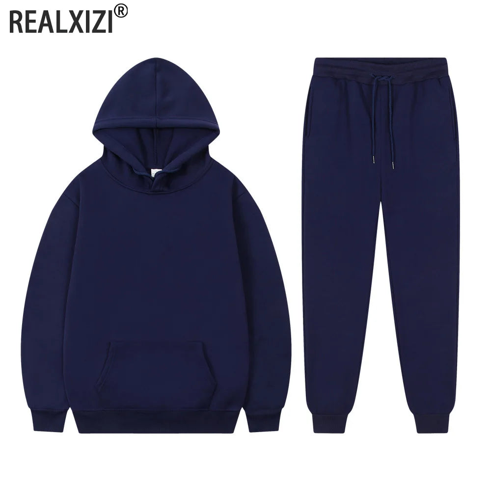 Men's Casual Tracksuit Autumn Fleece Warm Sweatshirts Sweatpants Suit Daily Sports Hooded Sweatshirts + Jogger Pants 2-piece Set.