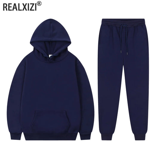 Men's Casual Tracksuit Autumn Fleece Warm Sweatshirts Sweatpants Suit Daily Sports Hooded Sweatshirts + Jogger Pants 2-piece Set.