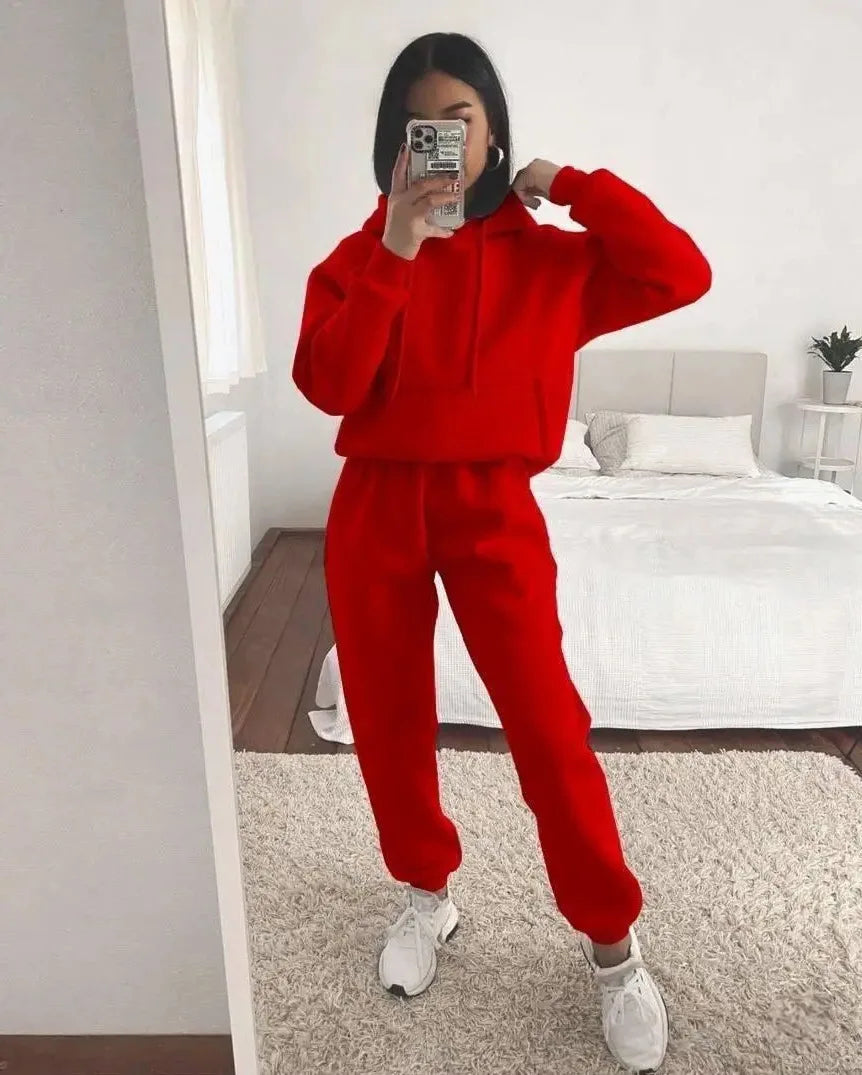 Women's Pocket Long-sleeved Hooded Sweatshirt Casual Set Autumn Winter New Solid Color Loose Sport Long Pants 2 Piece Set Female