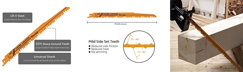 TOLESA 5PCS 5/6TPI Holz Beschneiden Säbelsägeblätter für Holz und PVC Rohr Schneiden CRV Sharp Ground Zähne Säbelsägeblätter