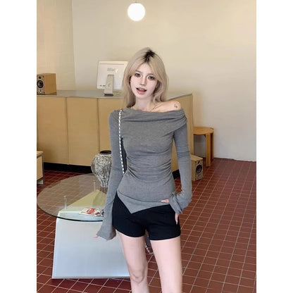 Spring Autumn Long Sleeve One Shoulder Short T Shirt Women Slim Fit Clavicle Irregular Design Unique Style Top Sweet Fresh.