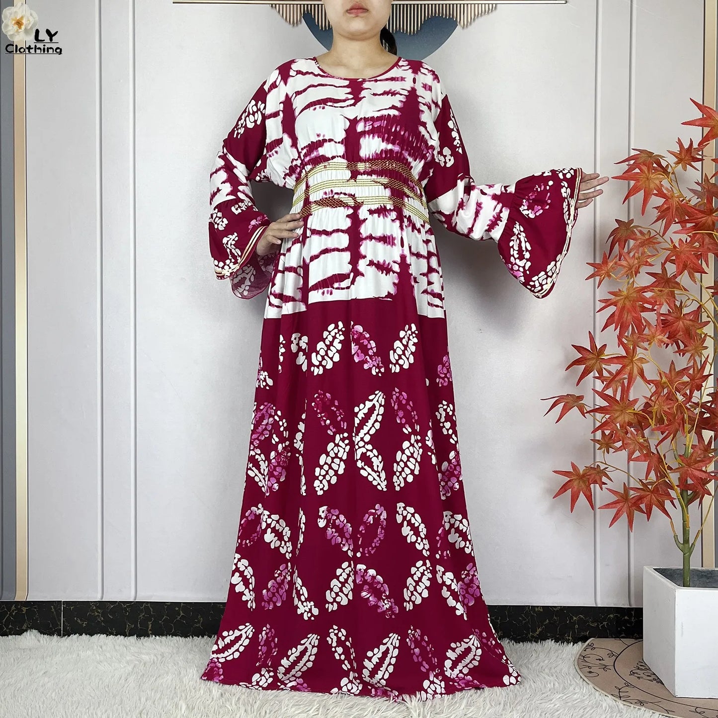 New Women Party Dress Dubai Muslim Summer Cotton Long Sleeve Collect Waist Boubou Maxi Islam Women Elegant Dress African Abaya.