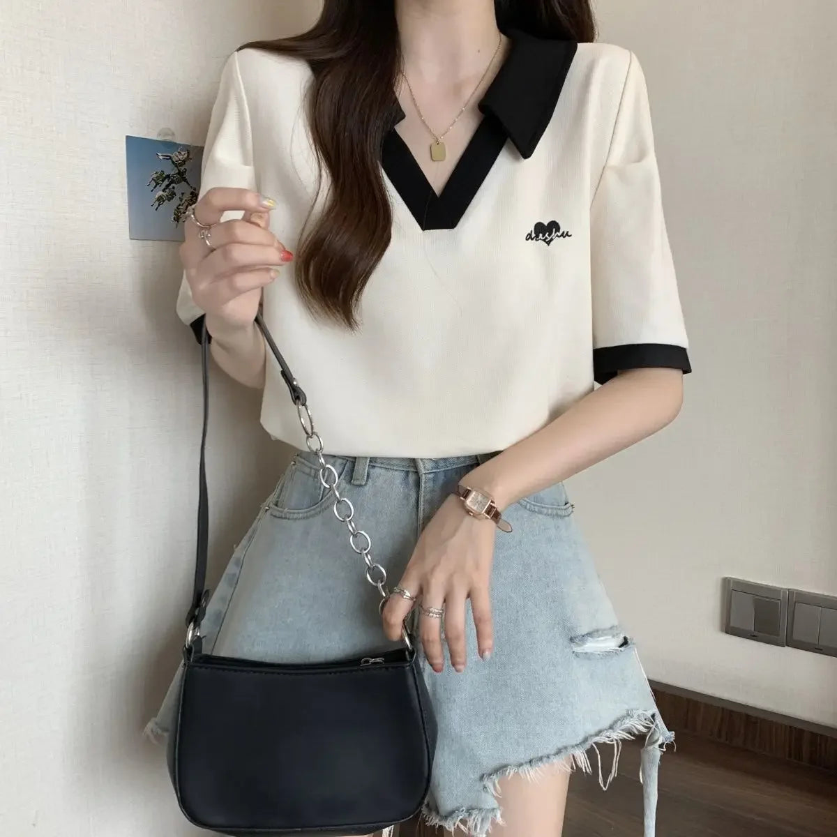 Plus Size Women's Casual Polo Neck Short Sleeve T-Shirt Slimming Belly Cover Summer Age Defying Shoulder Level Top