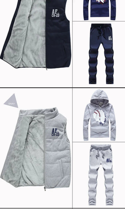 3 Pieces Set Hoodies+Vest+Pants Casual Men's Track Suit Clothing Coats Winter Thick Warm Tracksuit for Men Printed Mens Set Vest
