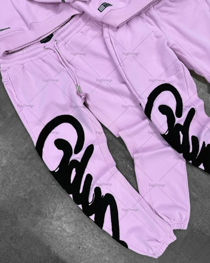 Black Purple Men Clothing Sports Set American New Letter Oversized Hoodies Street Hip Hop Retro Loose Sport Pants.