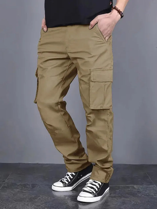 Men's casual multi pocket work pants with loose fit and drawstring waistband suitable for hikingfishingand outdoor exploration.