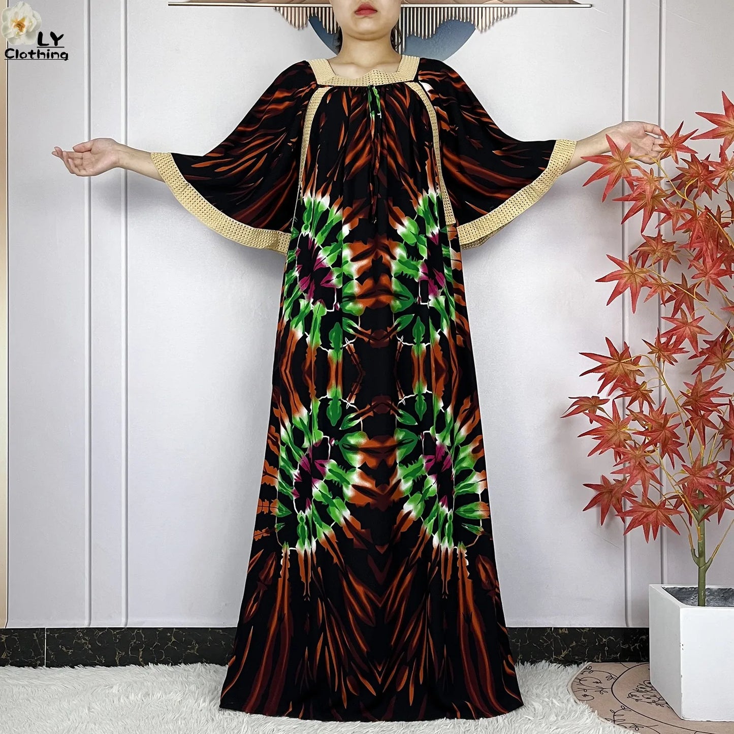 New Muslim Dress Woman Short Sleeve Dashiki African Abaya Tie-dyed Printing Cotton Loose Femme Robe Islamic Dresses With Scarf.