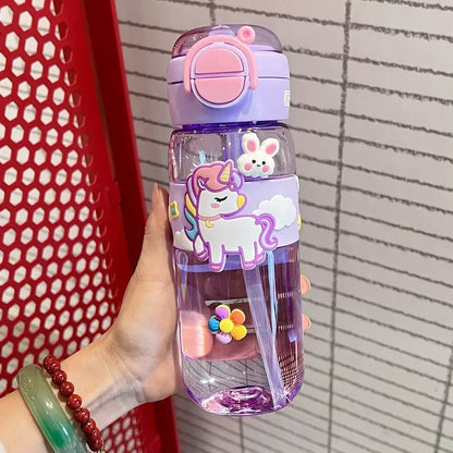600ml School Girls Cute Water Bottle with Straw for Kids Chilrdren Sports Outdoor Cup.