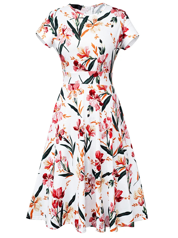 Nice-forever Vintage Elegante Blumen Druck Plissee Rundhals vestidos A-Line Pinup Business Party Frauen Flare Swing Kleid A102