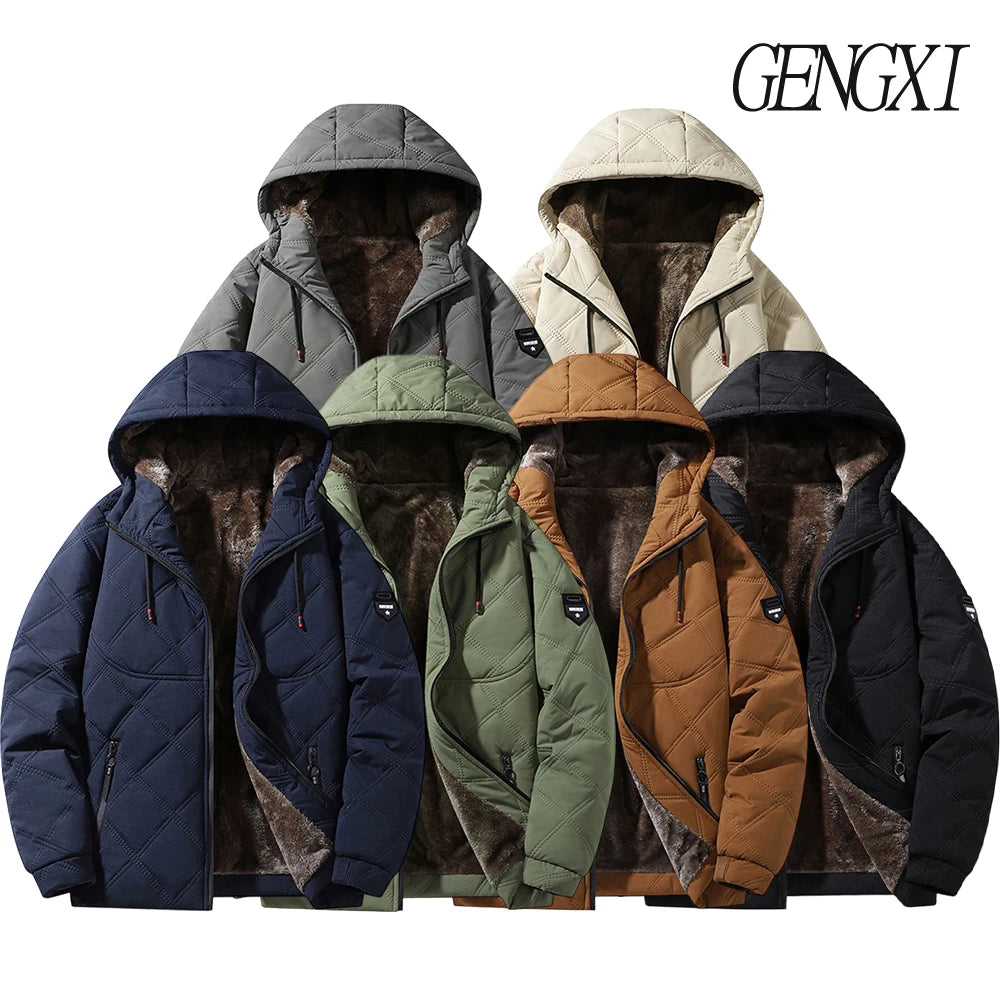 Winter Windproof Thermal Diamond-Pattern Fleece-Lined Thickened Cotton Coat Business Casual Hooded Jacket Fashionable Menswear.