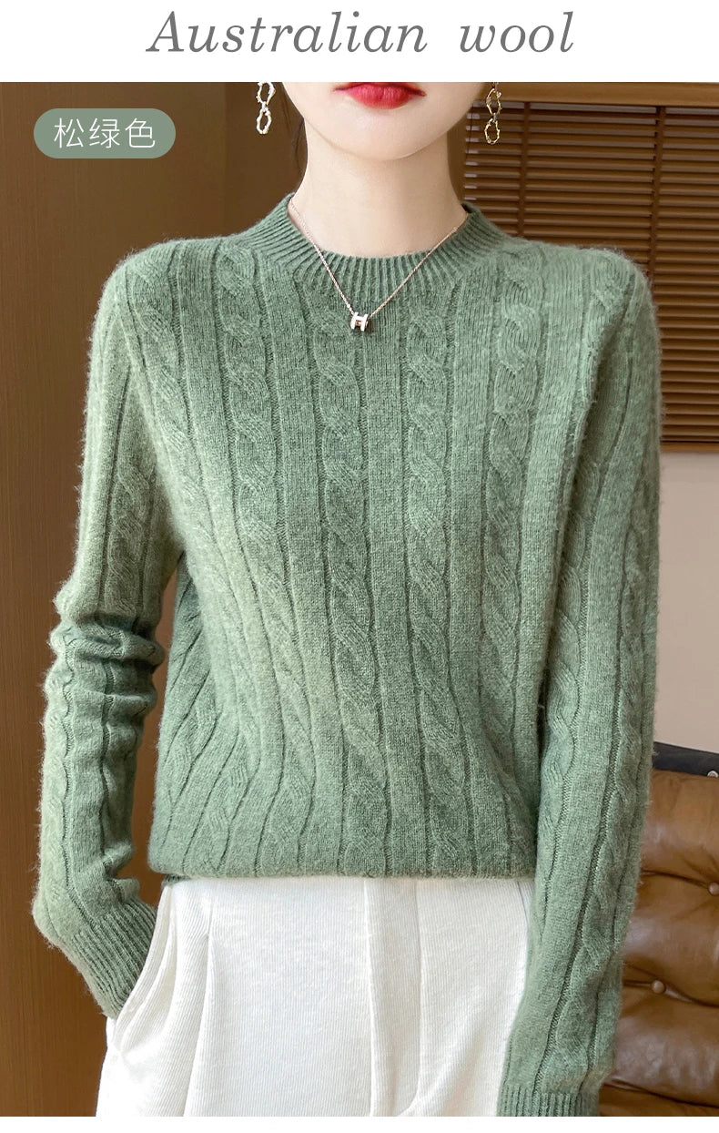 Frauen 100% Merino Wolle Verdickung Pullover Oansatz Gestrickte Twisted Pullover Herbst Winter Kaschmir Langarm Kleidung Basis Tops