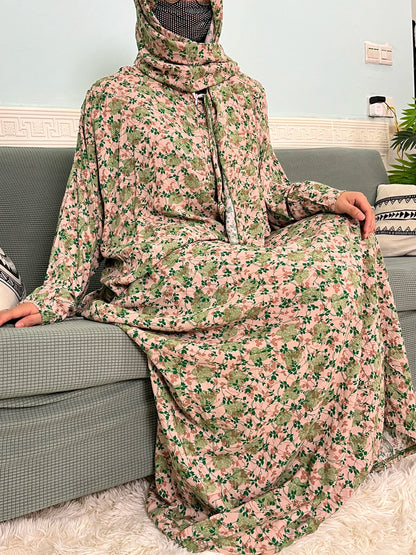 Muslim Cotton Abayas For Women Traditional Floral Ramadan Prayer Garment African Caftan Marocain Femme Robe Connected Headscarf