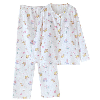 Spitzen-Design, Rundhals-Pyjama-Set aus Baumwolle, doppellagig, Gaze, für Damen, vier Jahreszeiten, dünne, langärmelige Hosen, Strickjacken, Kleidung.