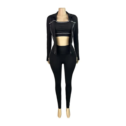 Weird Puss Casual 3 Piece Set Women Tracksuit Elastic Vest+Zip Jacket+Leggings Matching Street Sporty Fitness Street Shapewear.