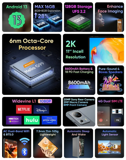 N-ONE NPad X1 Tablet PC 8GB RAM+128GB ROM 10.95'' 2000*1200 FHD IPS Android 13 4G LTE 8-Cores MTK G99 Fast Charging WIFI BT5.1.